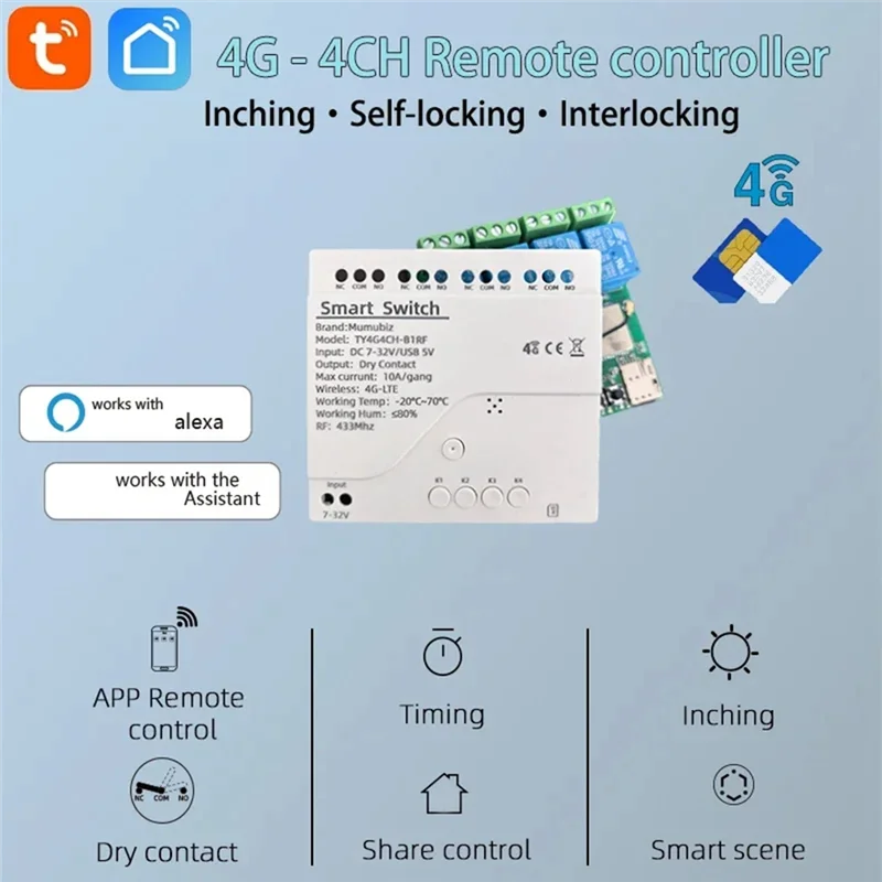 Tuya مفتاح ذكي 4G LTE التتابع مع RF 433Mhz الذكية GSM التبديل APP التحكم اللاسلكي 4G 4CH إزالة Controllerabgi