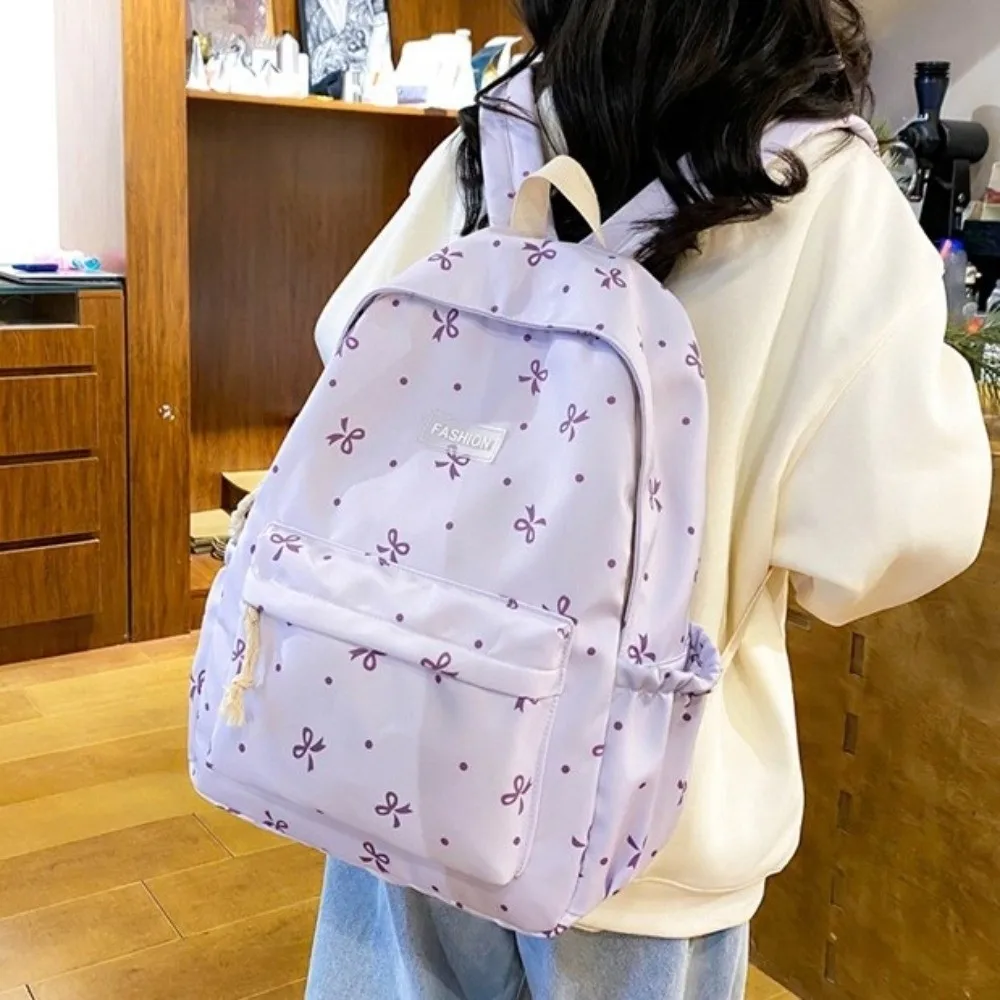 Nylon Material Bow Print Backpack Quilted Design Adjustable Straps Large Capacity School Bag Harajuku Multi-Pocket