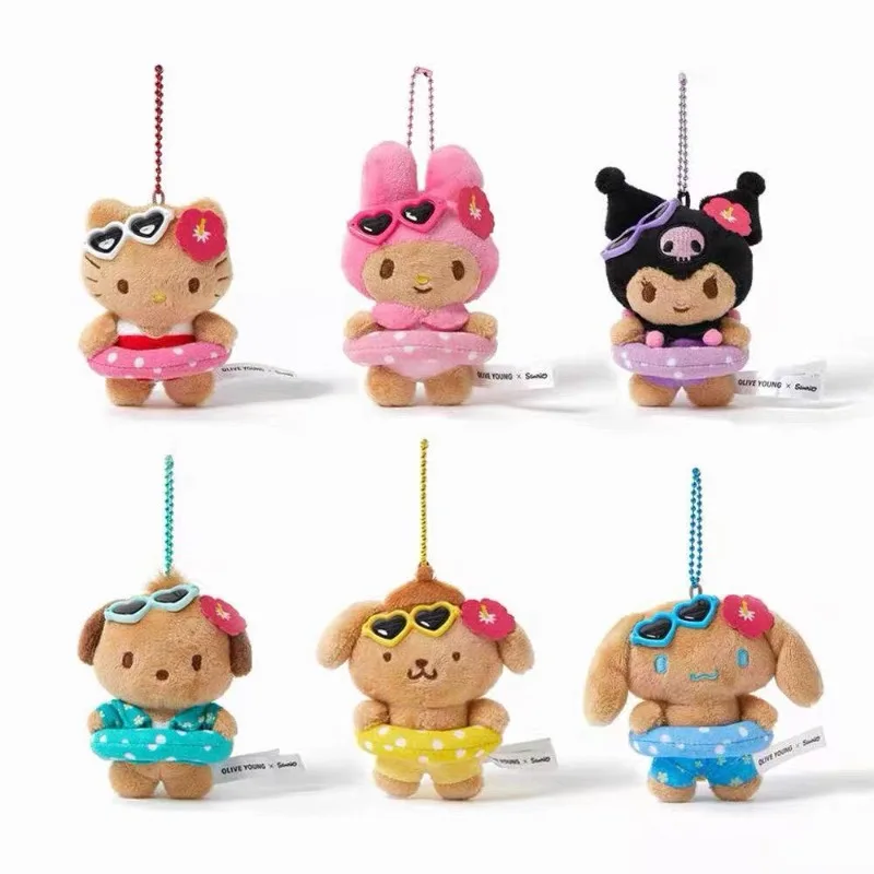 Sanrio Kawaii Hawaii Swim Ring Pompompurin Peluche bambola Ciondolo carino Pelle scura Budino Cane peluche Portachiavi Borse di pezza Borsa Fascino
