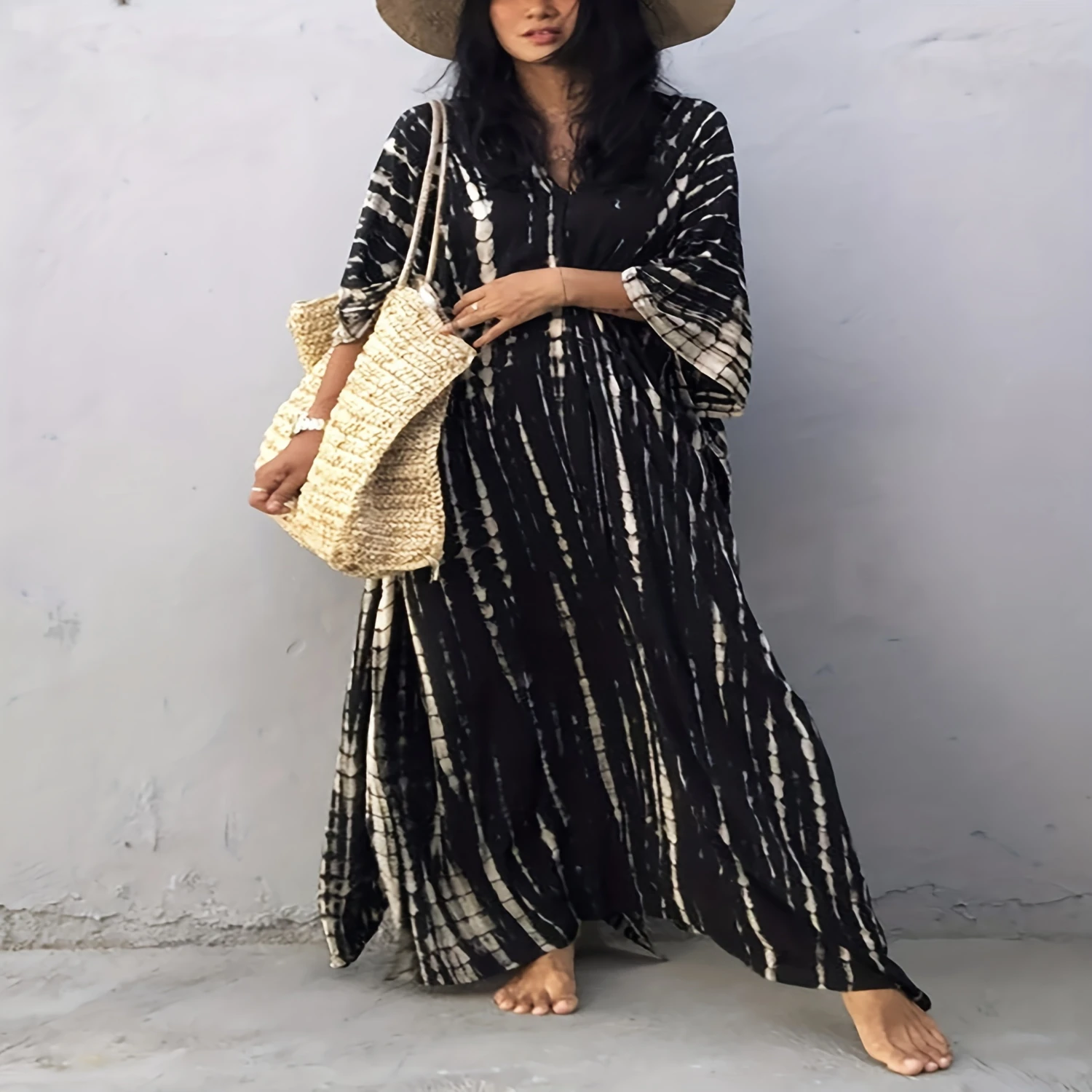 Plus Size  Chic Striped Maxi Kaftan Dress - Flowy Batwing Sleeves & V Neck Split Cover Up for Women