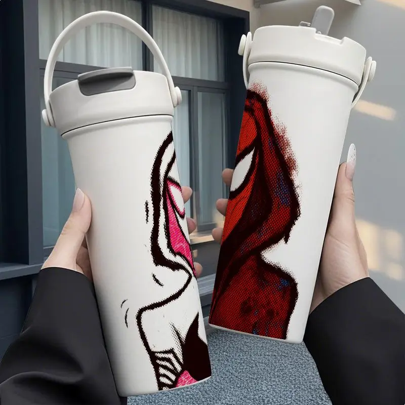 كوب ترمس محمول وسيم كرتوني من مارفل سبايدرمان، كوب ترمس من الفولاذ المقاوم للصدأ إبداعي بسعة كبيرة، هدية كوب من القش للزوجين