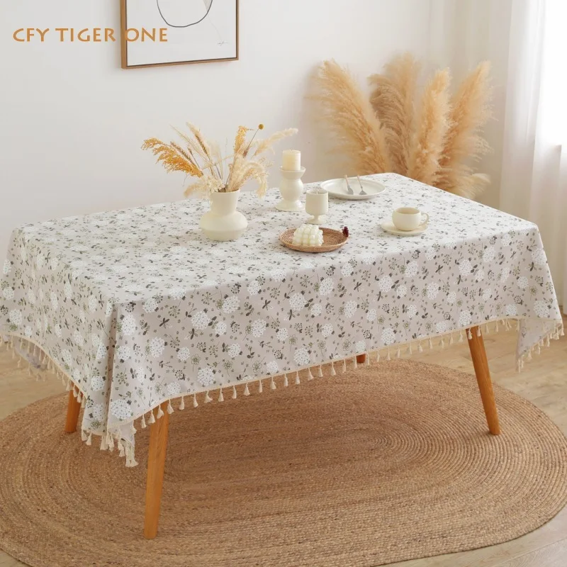 

Cotton and Linen White Dandelion Antifouling Rectangular Tablecloth Washable and Oil Resistant Coffee Table Mat Table Cover