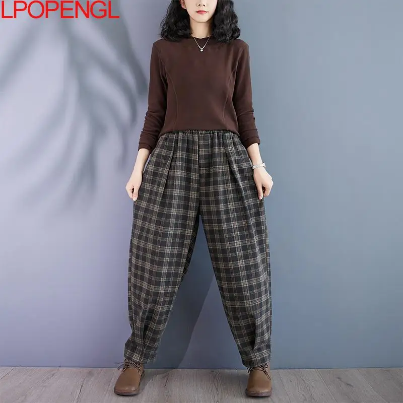 New Fashion Retro Plaid Straight Elastic Waist Jeans Women\'s Autumn Versatile Streetwear Harem Pants Casual High Waist Trousers