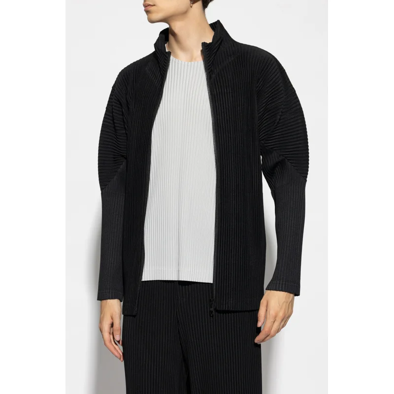 Miyake Pleated Men's Zip Up Jacket Cardigan Plisse Coat Casual Streetwear Two Way Zipper Oversized Japanese Fashion Outerwear