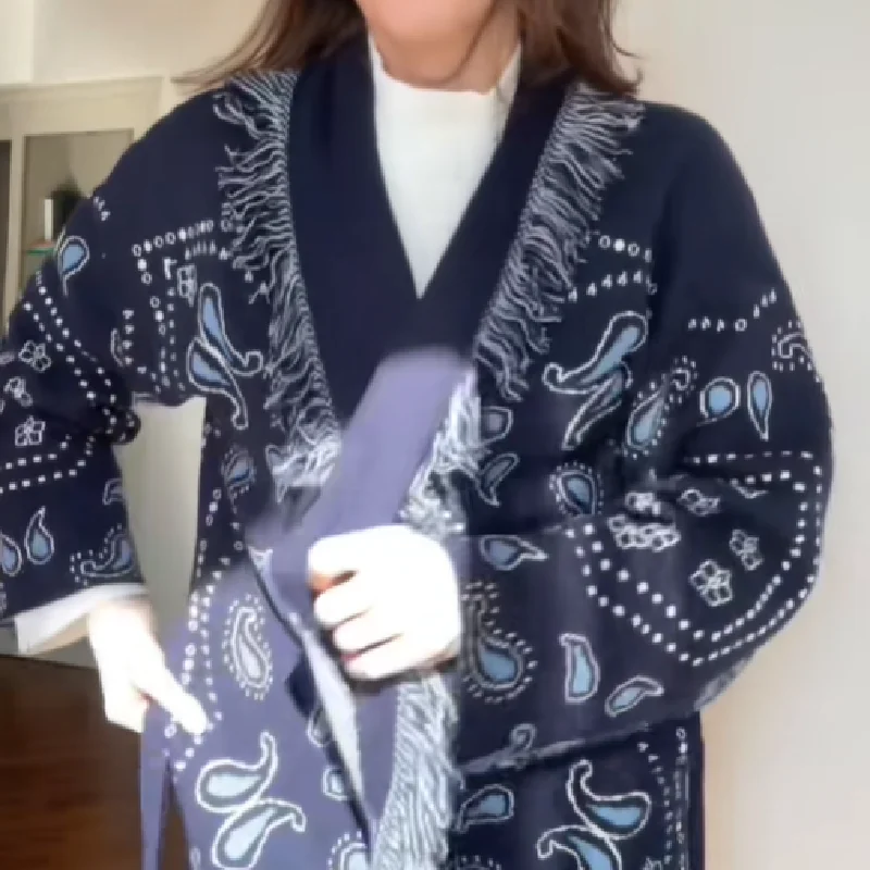Kwastje Patchwork Gedrukt Vest Vrouwen Geometrische Patronen Riemen V-hals Lange Mouw Gebreide Straat Dame Trui 2025, Herfst Jas