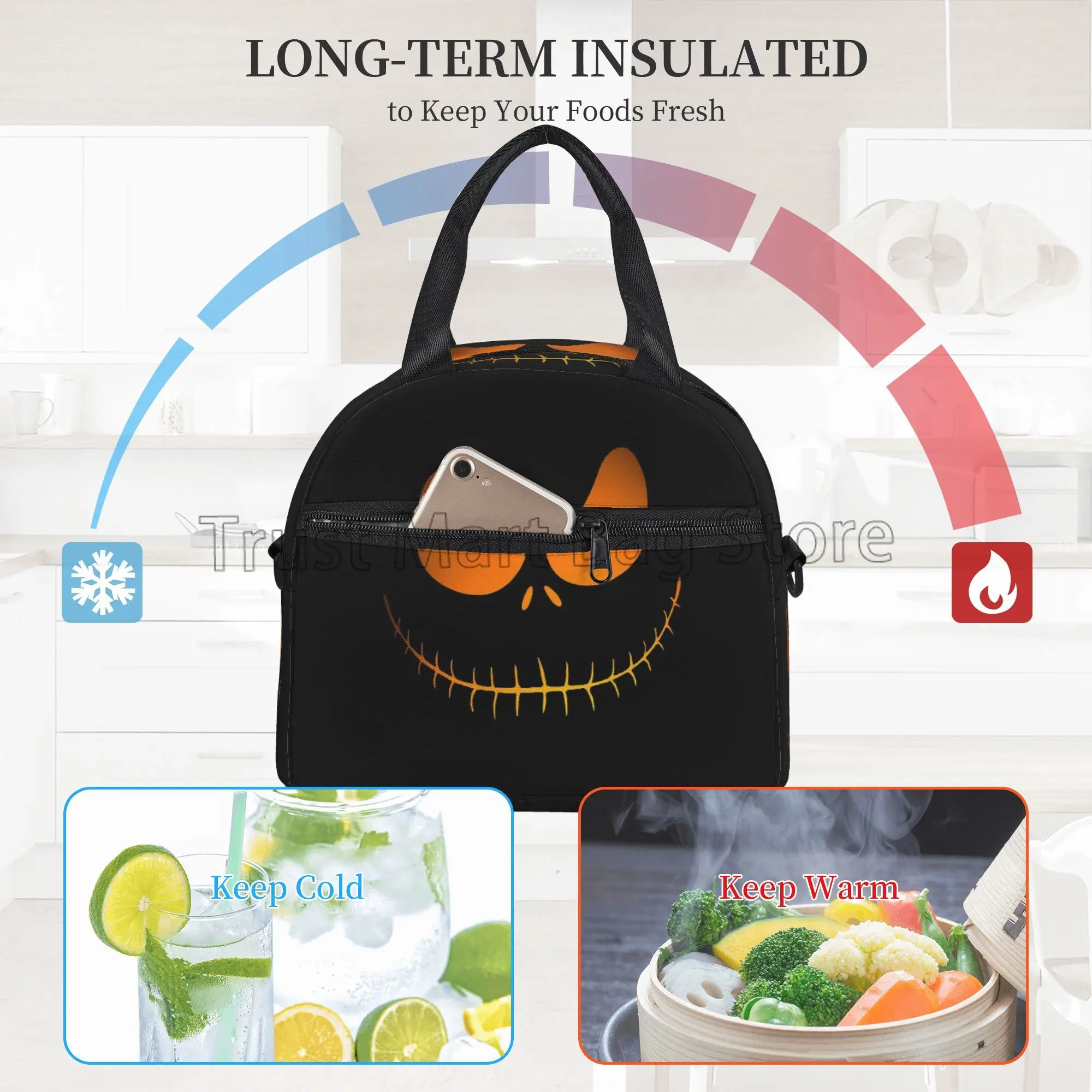 Halloween Orange Pumpkins Faces Insulated Lunch Bag for Kids Adults Reusable Portable Thermal Bento Tote with Adjustable Strap