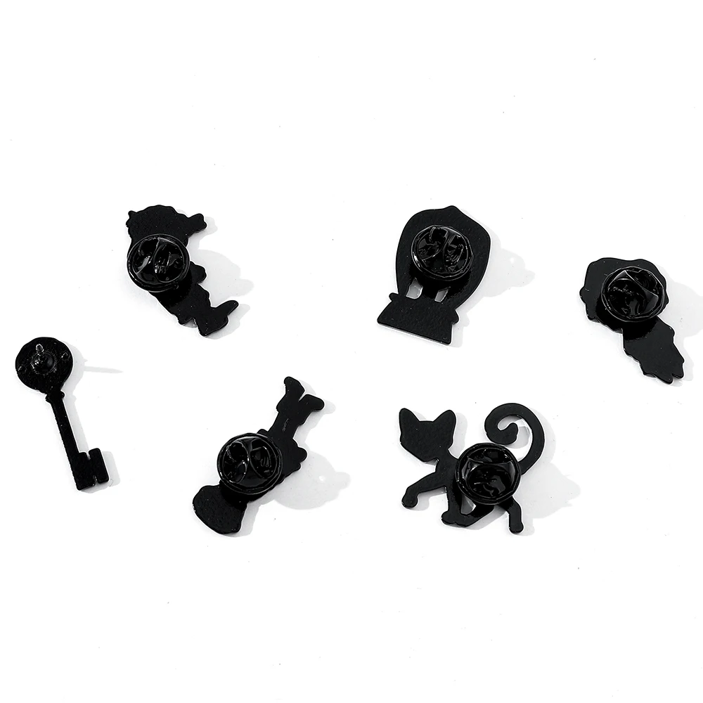 Juego de broches de dibujos animados para niños y niñas, broche de esmalte de gato negro creativo, mochila, ropa, joyería, insignia de Metal, accesorios de regalo, 6 piezas