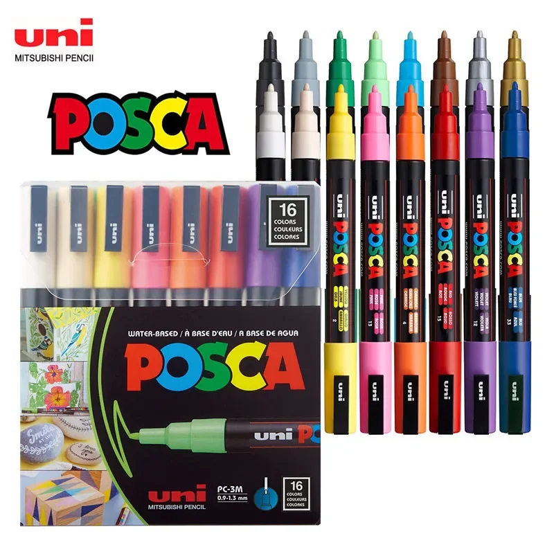 

Japan Uni Posca Markers Pen Acrylic Paint Pens PC-1M/3M/5M 16 Colors Set Graffitti for Rock Painting Art Supplies Copic Markers