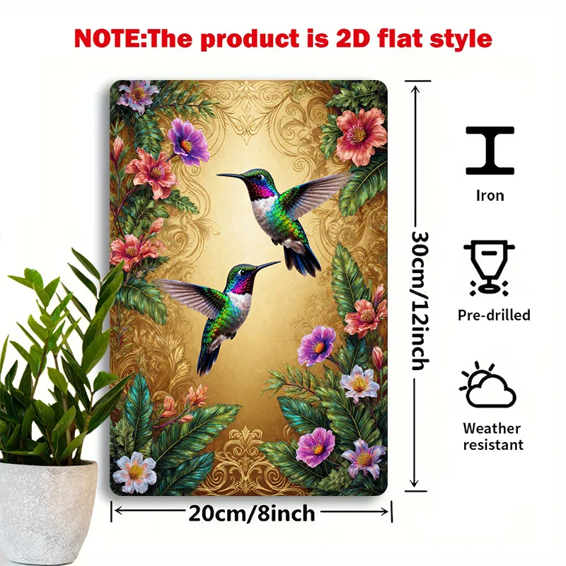 Vintage Hummingbird Hibiscus Metal Wall Sign 8x12 Inch Multicolor 2D Flat Home Porch Decor Bird Lover Gift