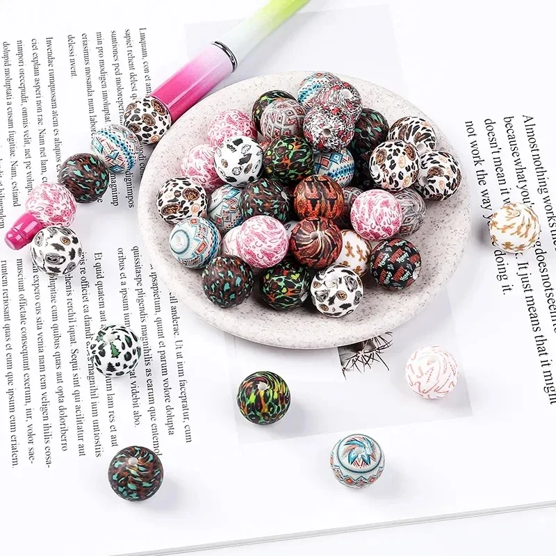 100pcs Silicone Round Beads 15mm Leopard Baby Teething Chew Beads Tie Dye Print DIY Jewelry Bracelet Keychain Making Accessories