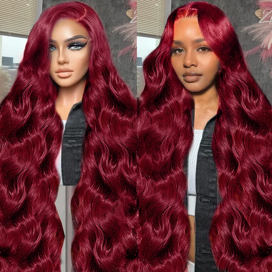 Perruque Lace Front Wig Body Wave Brésilienne Naturelle, Cheveux Humains, Couleur Bordeaux 99J, Transparent HD, 360, pour Femme