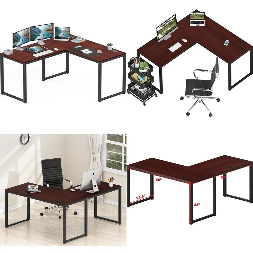 

Premium Cherry L-Shape Corner Desk for Commercial Use, 55x60 Inches, Ideal for Office and Computer Setups