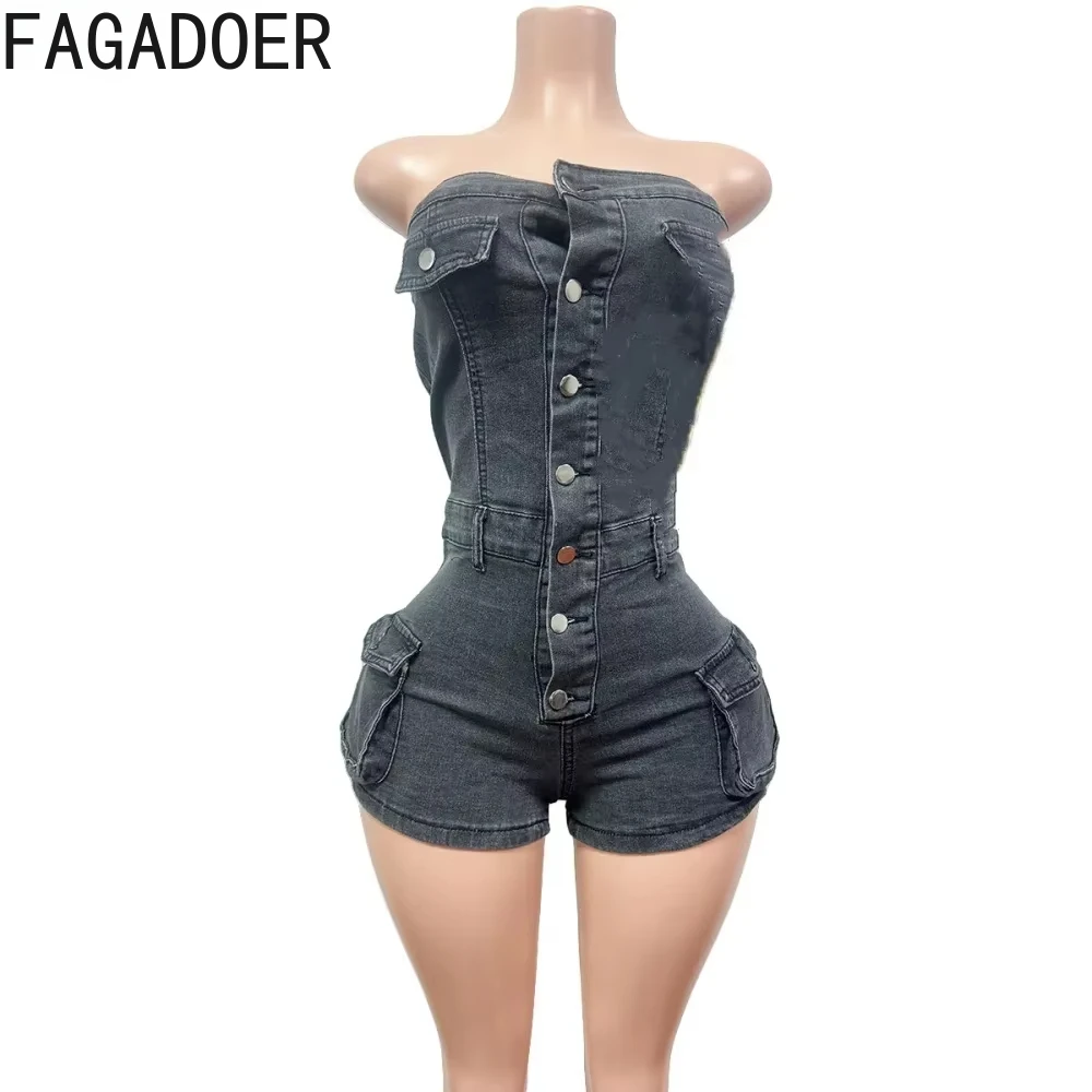 FAGADOER Sexy Denim Off Shoulder Bodycon One Pieces Rompers Women Button Sleeveless Slim Cargo Jeans Jumpsuits Fashion Overalls