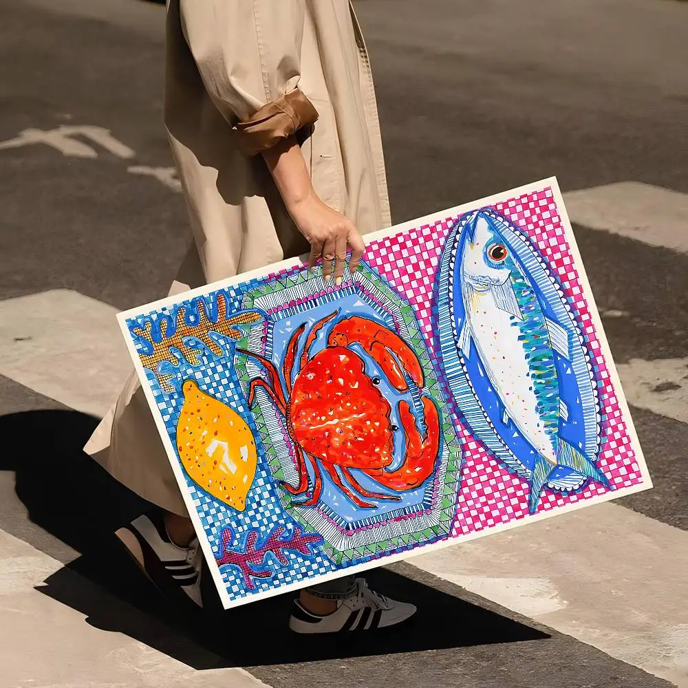 الملونة السردين جراد البحر الأسماك المحيط الحيوان الكلاسيكية أنيمي المشارك ورقة مقاومة للماء ملصق مقهى بار غرفة جدار ديكور