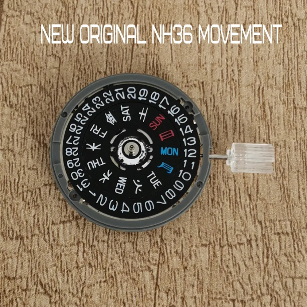 New Original NH36 Movement Black Calendar Red Blue Day Disc Original Double Calendar Mechanical Movement Assembled Watch Part