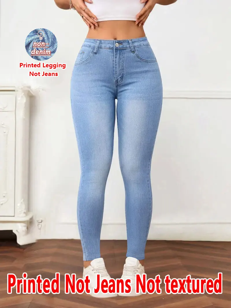 5964 Women's Non-Leather Denim Fabric Tight Pants Printed Base Layer Long Trousers Four Seasons Wearable Ladies Slim Fit Tights