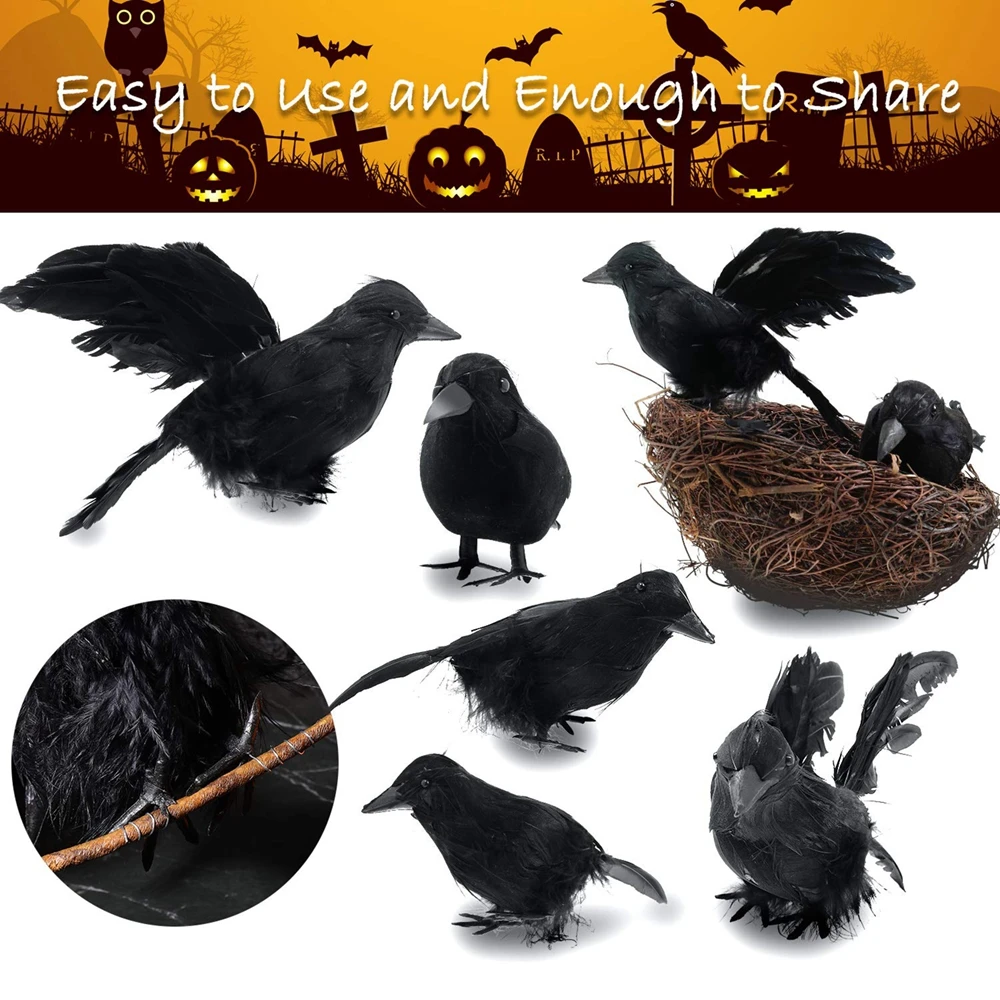 

Halloween Artificial Crow Decoration 6PCS Black Feathered Crows Realistic Looking Crow for Halloween Tree Garden Outdoor Decor