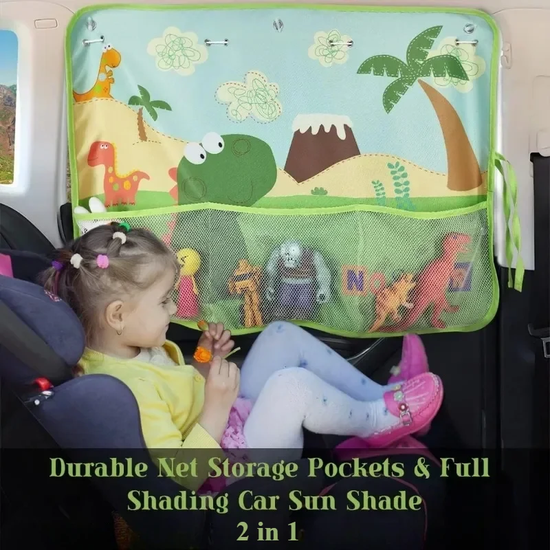Dinosaur Car Window Shade for Baby Kids Pirate Car Curtain for Windows with Storage Net Pocket Sun Glare & UV Rays Protection