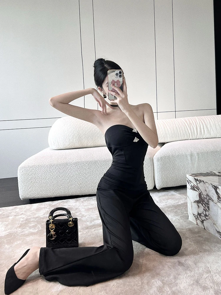 Women Elegant Chic Sleeveless Backless Jumpsuit Woman Solid Color Slim Wide Leg Jumpsuit