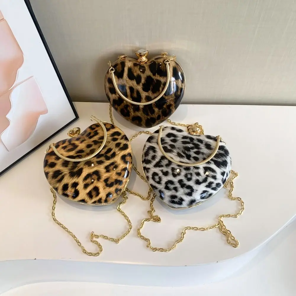 Fashion Heart Shape Shoulder Bag PU Patent Leather Leopard Print Wrist Bag Handbag Women Ladies