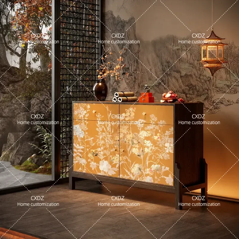 Song Yun Flower Picture Solid Wood Entrance Cabinet Painted Tea Room Storage Meal Side Bucket Cabinet Entry Living Room