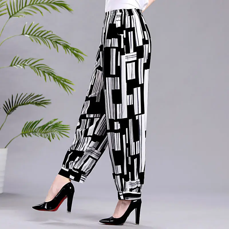 2024 Women\'s Beach Trendy Print Loose Breathable Summer Female Fashion and Casual Versatile Elastic High Waist Lantern Pants