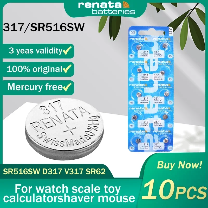 10PCS Original Renata 317 SR516SW V317 SR62 D317 1.55V Silver Oxide Watch Battery For Scale Watch Swiss Made Button Coin Cells