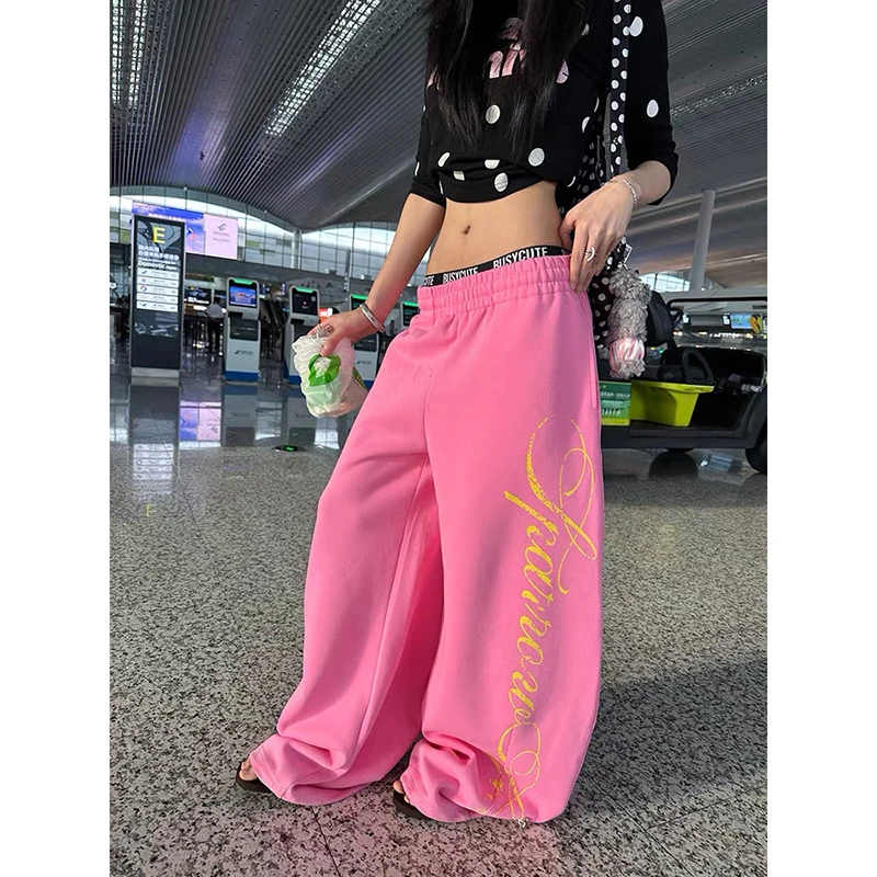 

YIBASHU American Style Star Letter Printed Wide Leg Pants Women Autumn Winter Retro High Street Hip-hop Pink Sweatpants Pants