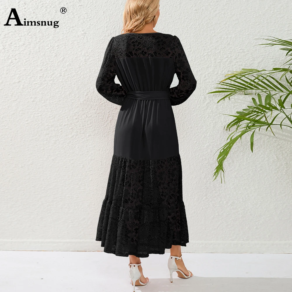 Women Long Sleeves Elegant Mid-Calf Dress Plus Size Womens High Split Patchwork Lace Dresses Femme A-line Dress Clothing 2023