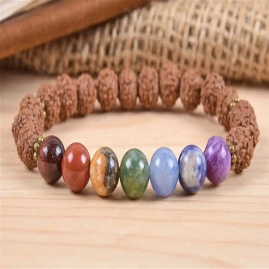 8mm Rudraksha 7 Chakras Gemstone Mala bracelet Natural stone Women Hand zazen Jewelry Chakra Mala tassel Meditation elastic view 5
