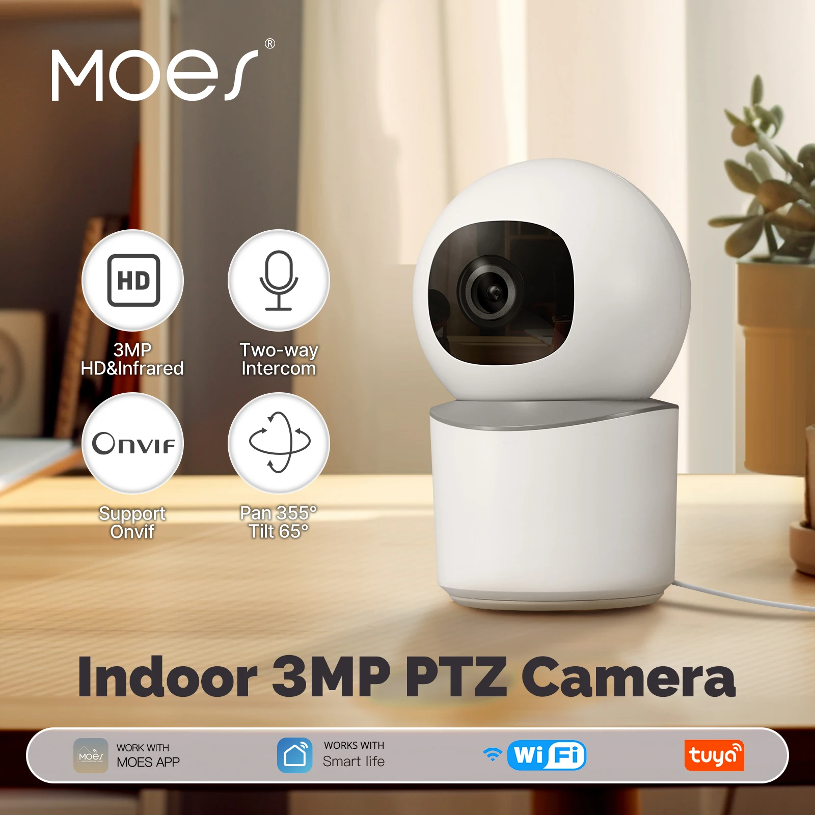 MOES Tuya WiFi Indoor Pan/Tilt Smart Security Camera 3MP HD Infrared Night Vision Motion Tracking Sound Detection Support Onvif