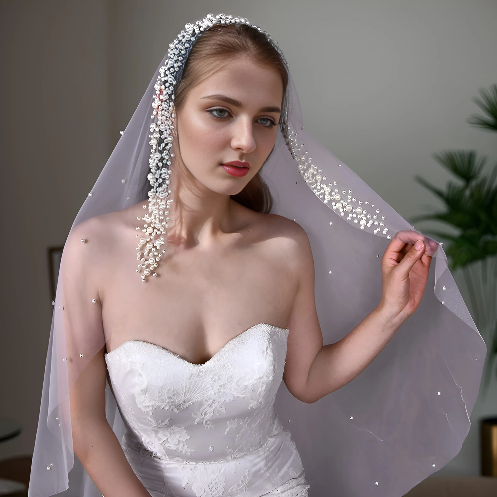 Voile de Mariage en Tulle Doux avec Perles pour Patients, Long, Cathédrale, Accessoire pour Mariée, V207