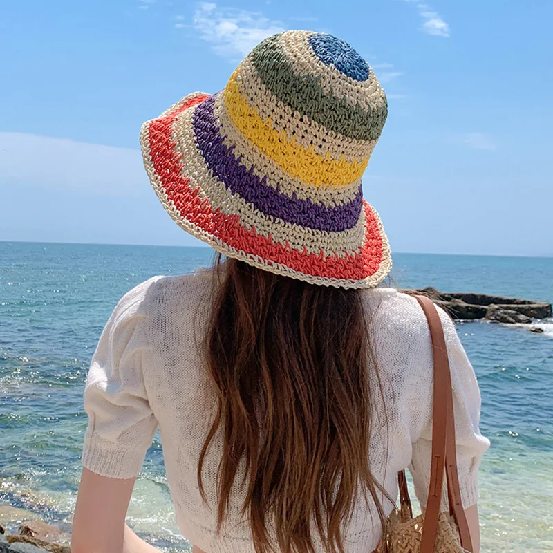 Spring Summer Outdoor Sun Cap Colorful Handmade Crochet Bucket Visor Hat Folded Beach Sunscreen Straw Rainbow Hats for Women