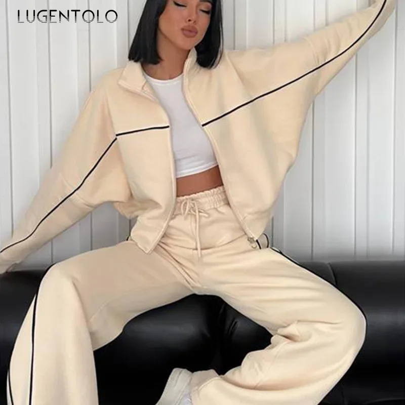 Women Sweatshirt 2-piece Set Half-neck Zip Tops Oversized Cardigan Jacket Striped Wide-leg Sweatpants Fashion Party Wear