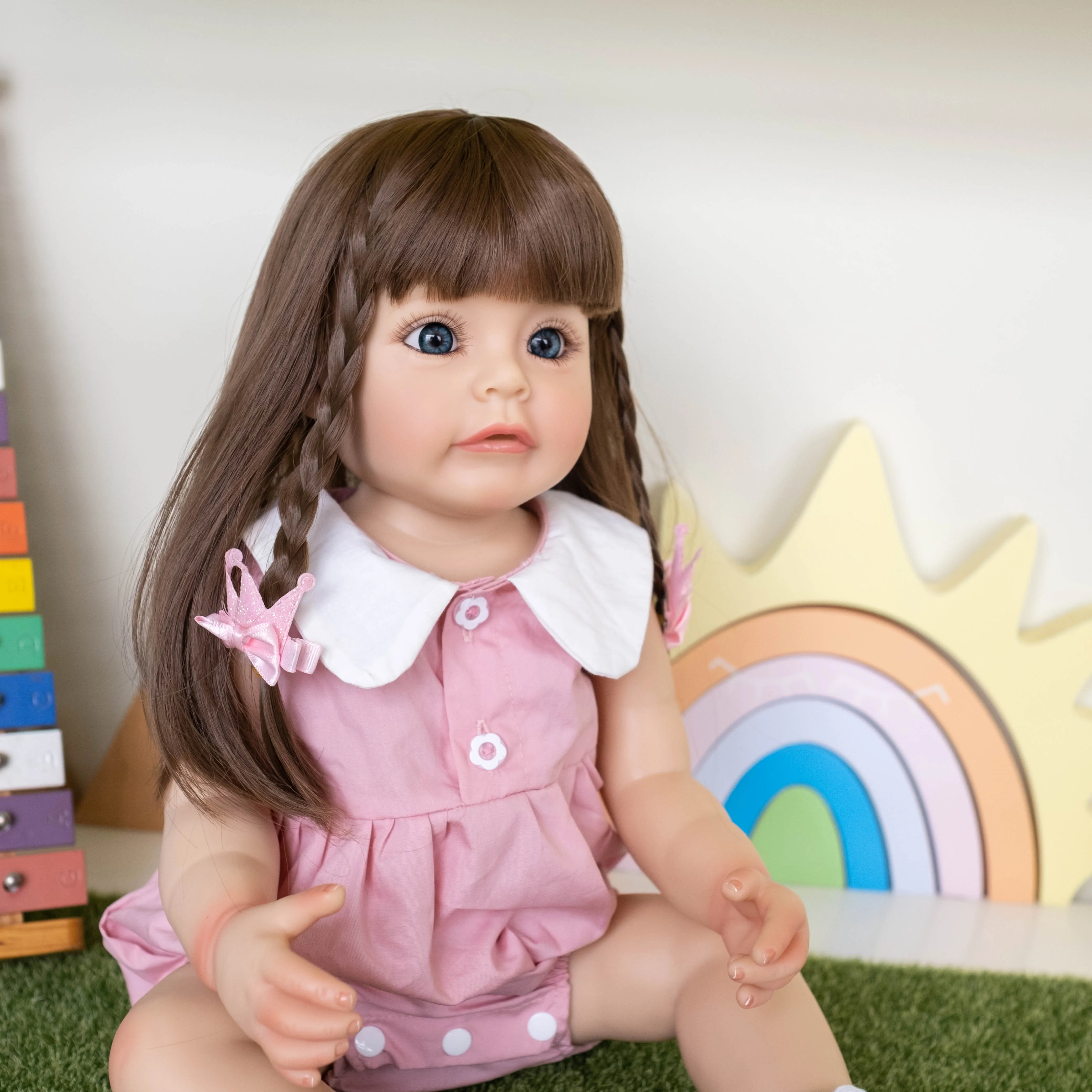 

Bebes doll with 55CM FUll body Silicone Reborn Toddler Girl Princess with long hair Sue-Sue Hand-detailed Painting Toy for Child