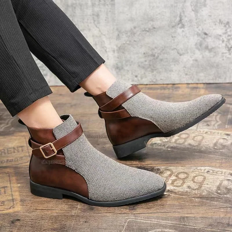 

Silver Abrazine Buckle Decor Pointed Toe Ankle Boots Fashionable Height Increasing Men Shoes Handmade Runway Men Casual Shoes