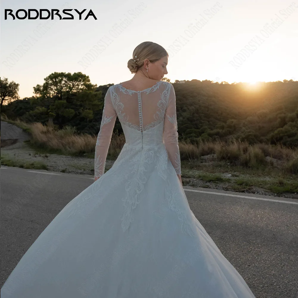 RODDRSYA Boho Illusion Wedding Gowns 2024 A-Line V-Neck Long Sleeves Bride Gowns Button Back Applique Tulle Bridal Dress