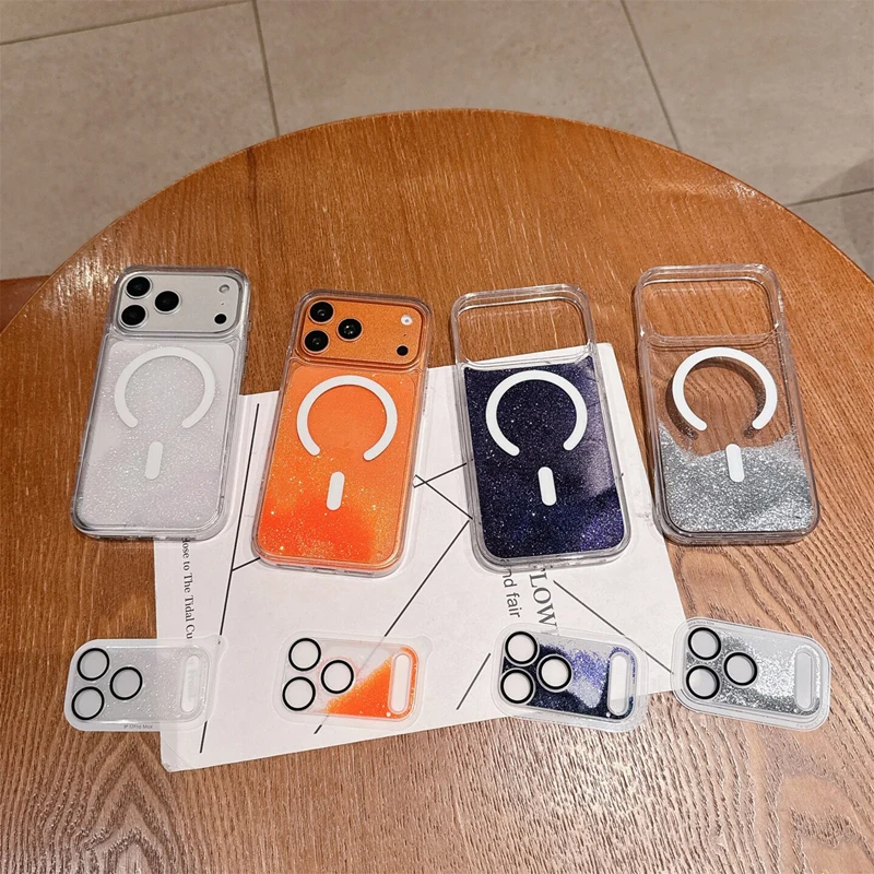 Magnetische Flüssigkeits-Quicksand-Linsenfolie Handyhülle für iPhone 17 18 Pro Max für MagSafe Trendige Sturzsichere Glitzer-Schutzhülle – Detail 1