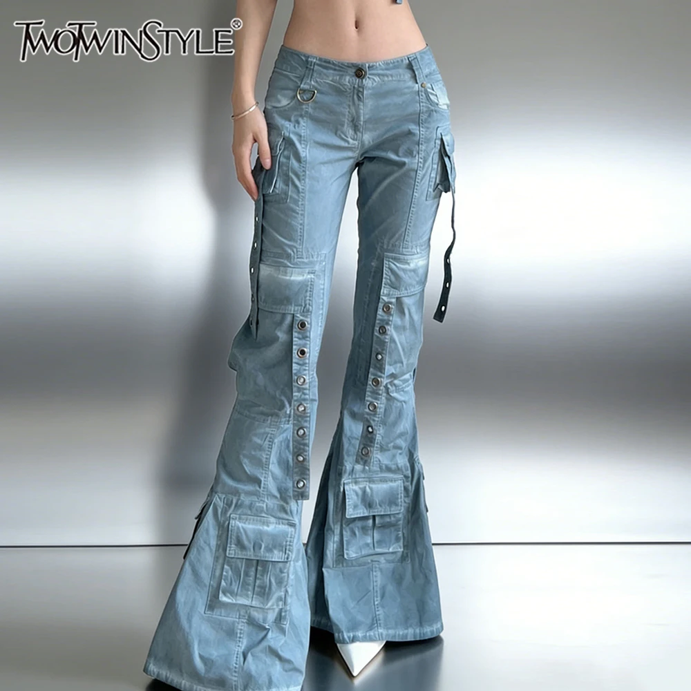 

TWOTWINSTYLE Street Style Light Blue Cargo Flare Pants for Women Low Waist Multi Pocket Design Button Accent for Music Festivals