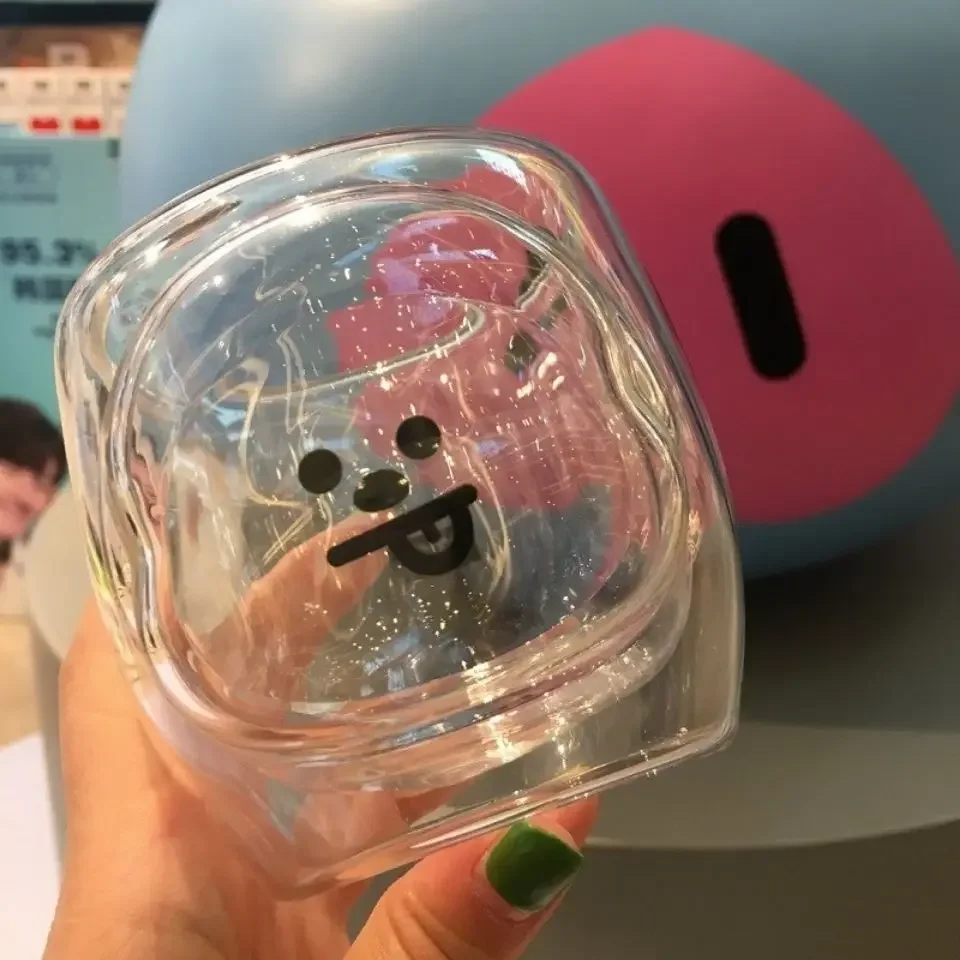 New BT21 Chimmy Anime Kawaii Double Layered Glass Cup Girls Cartoon Tata Shooky Cooky Creative Household Children Milk Cup Gift