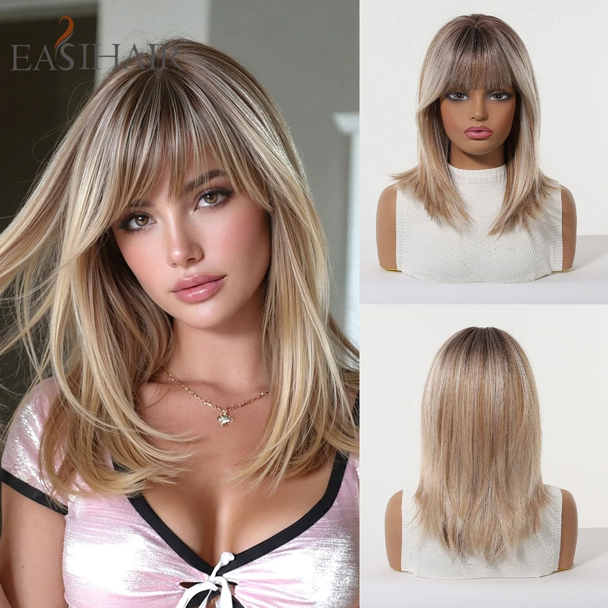Dark Roots Ombre Blonde Medium Straight Bob Synthetic Wig with Bangs Breathable Cap Heat Resistant Natural Looking Wig for Women