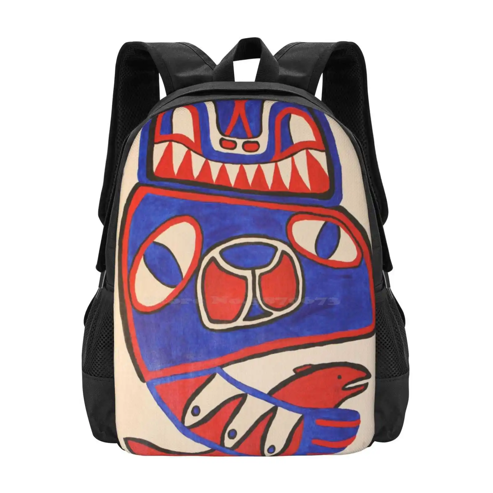 Bear And Salmon Hot Sale Schoolbag Backpack Fashion Bags Bear Salmon Blue White Black Spirit Human Animal Fish Acrylic