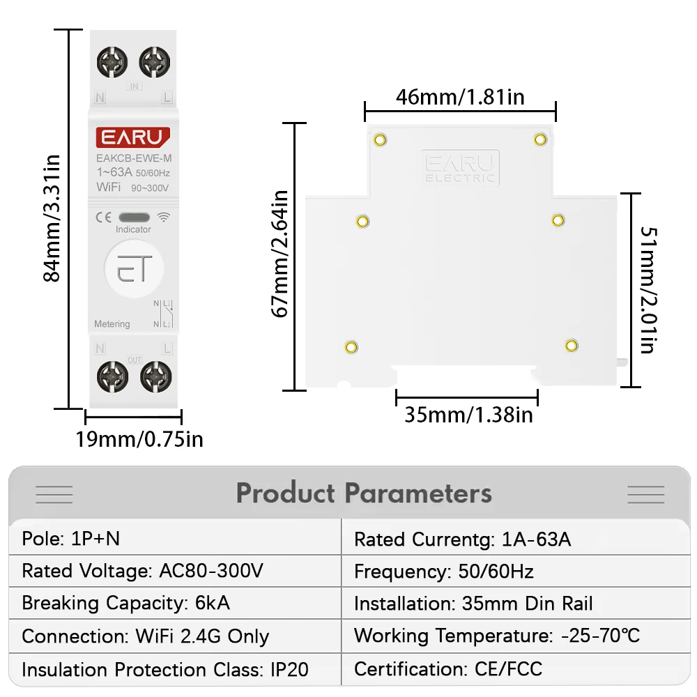 eWelink WiFi Smart Circuit Breaker 1P+N 63A MCB Timer Relay Switch Energy Metering Kwh Voltage Current Protector Remote Control