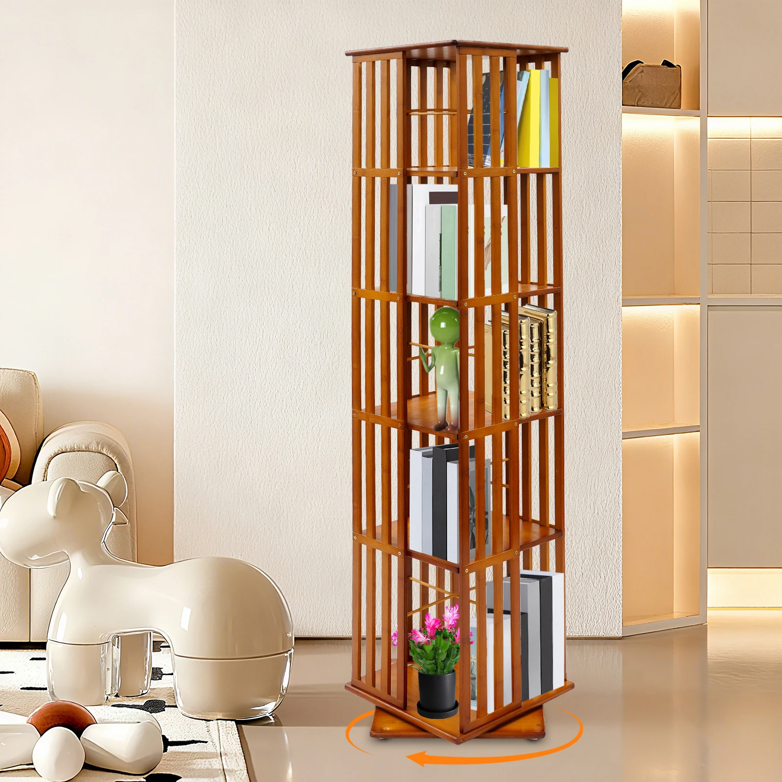 

5-Tier 360° Rotating Bookshelf, Bamboo & Steel Spinning Organizer Shelf, 220LBS Capacity, Space Saver for Living Room, Study