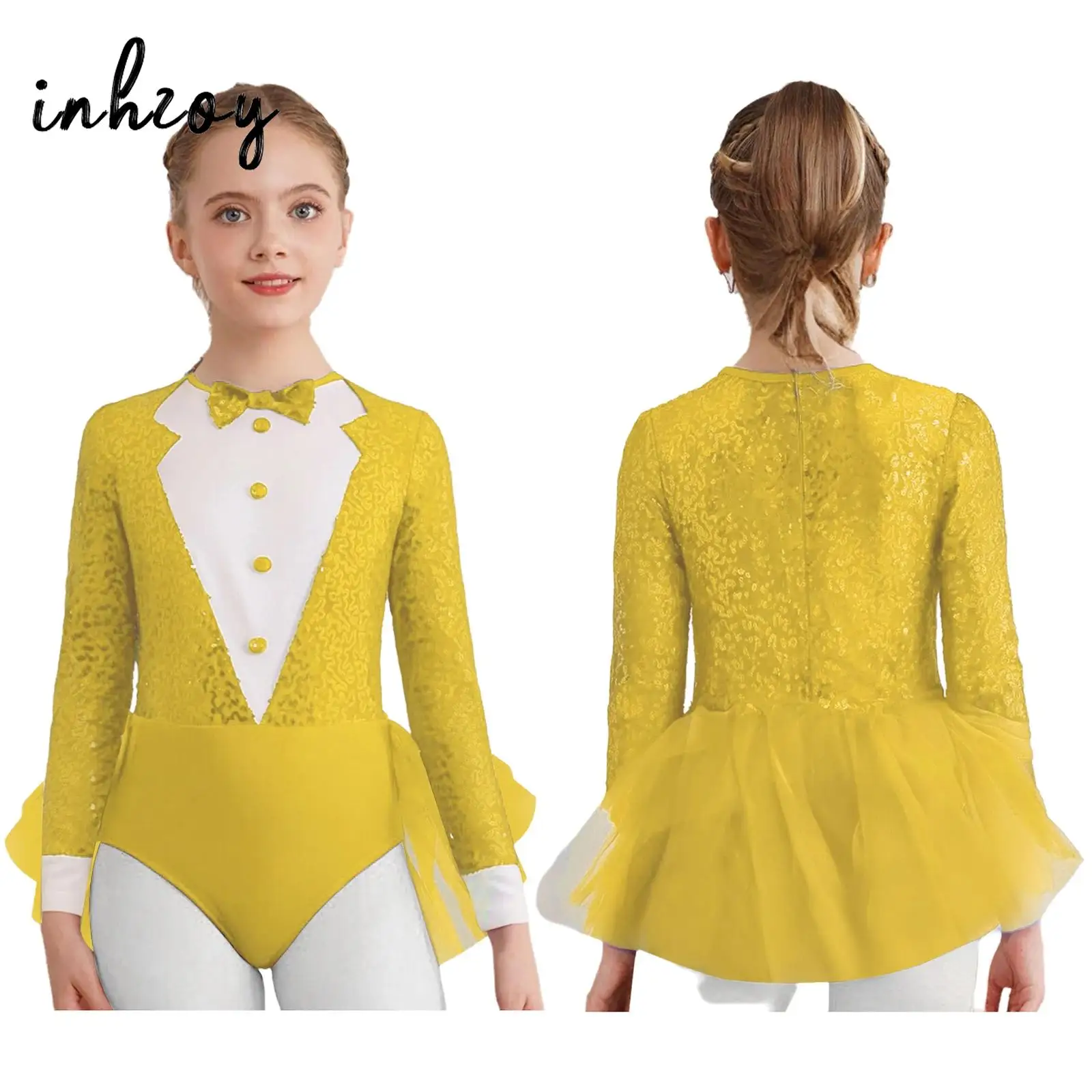 

Girls Latin Jazz Dance Leotard Skating Performance Costume Gymnastics Bodysuit Sequins Bodice Tulle Skirted Unitard Long Sleeve