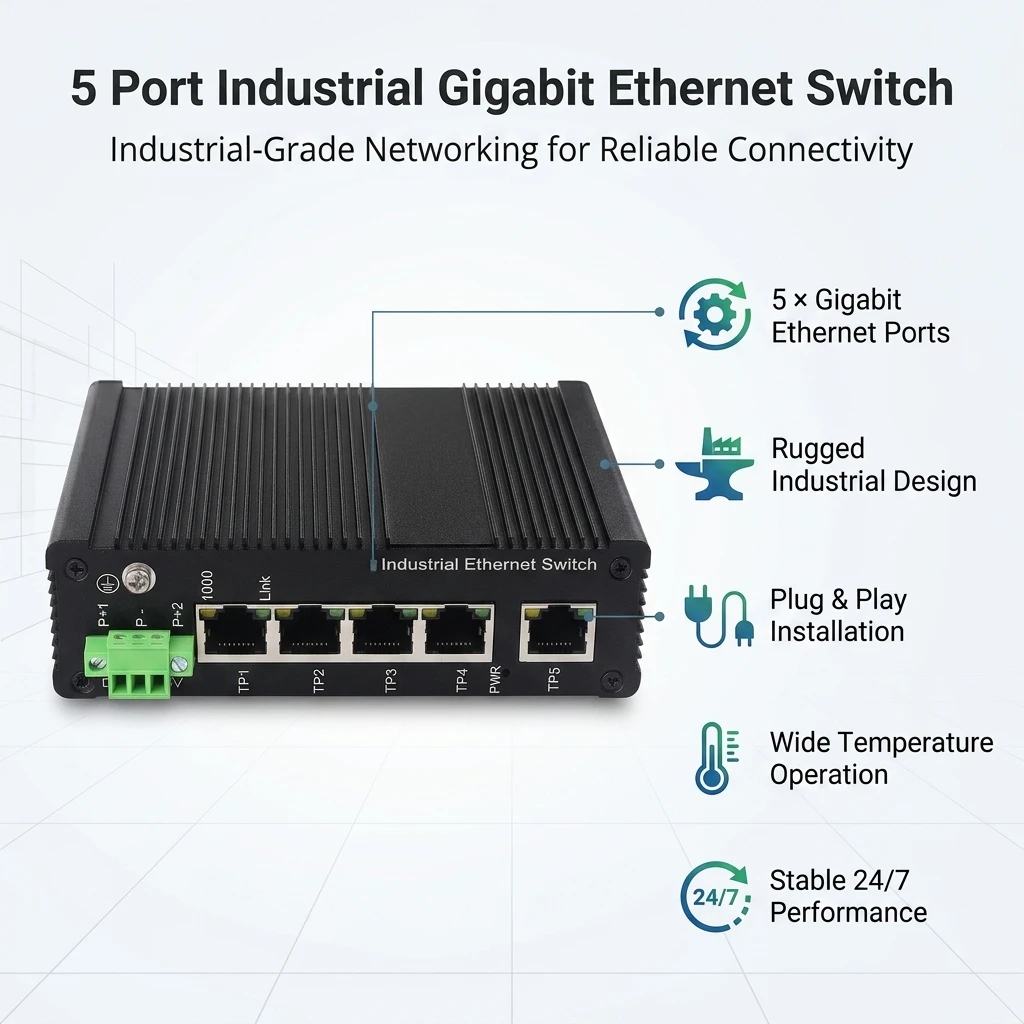 5 Port Industrial Gigabit Ethernet Switch DIN Rail IP40 Metal Housing 10/100/1000Mbps DC 12-54V Stackable RJ45 in Stock