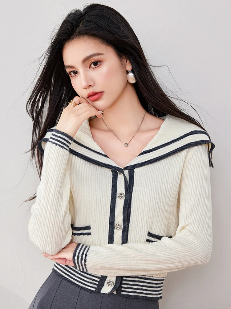 2024 Autumn New Fashion Navy Collar Knitted Cardigan Women Casual Versatile Long Sleeve Sweater Retro Loose Coat