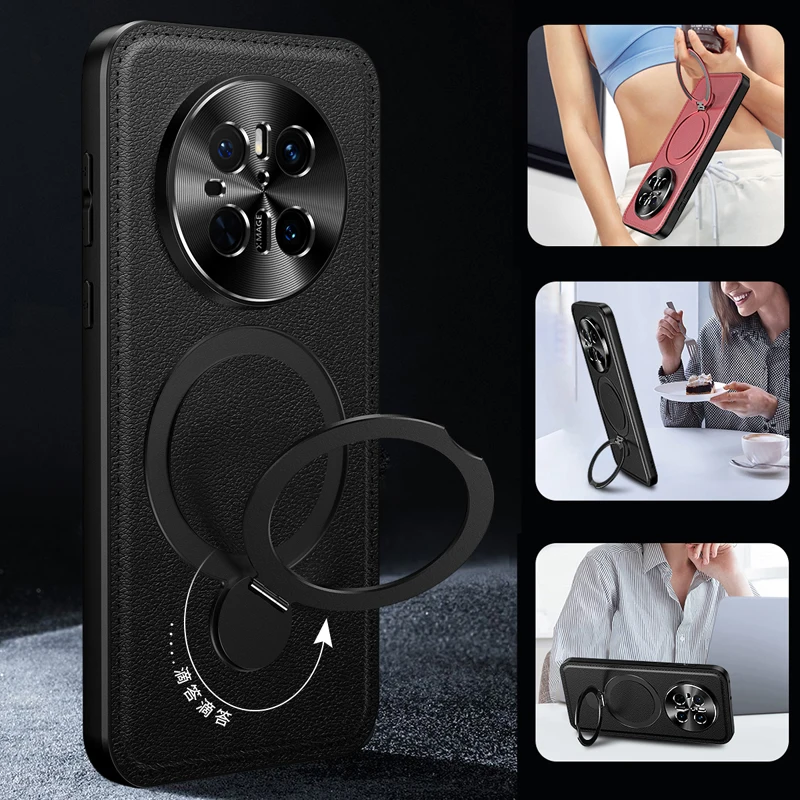 

Leather Back Cover Phone Case For Huawei Mate 60 70 40 50 Pro Wireless Charging Magnetic Metal Bracket Lens Protect Soft Cases