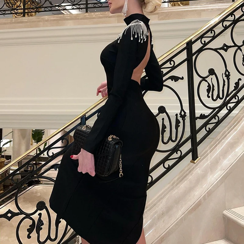 Fashion Turtleneck Long Sleeve Wrap Hip Dress Women Elegant Tassel Solid Evening Party Dress Office Sexy Split Slim Long Dresses