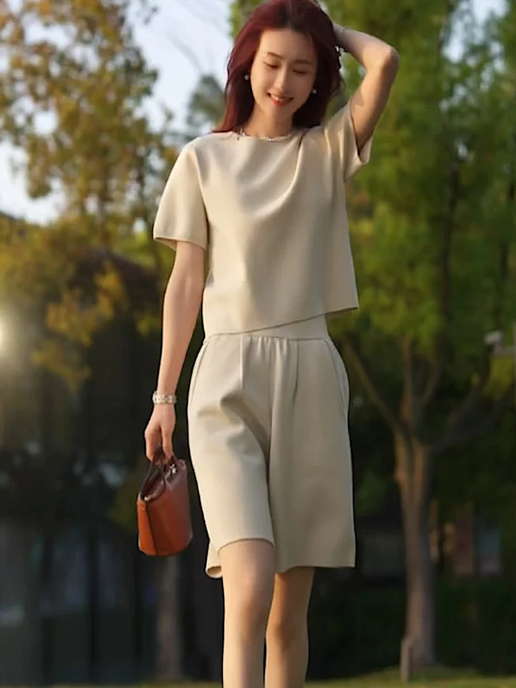 summer-new-fre-feeling-neighbor-sweet-sister-two-piece-set-pure-color-round-ne-ort-sve-slimming-orts-ensemble